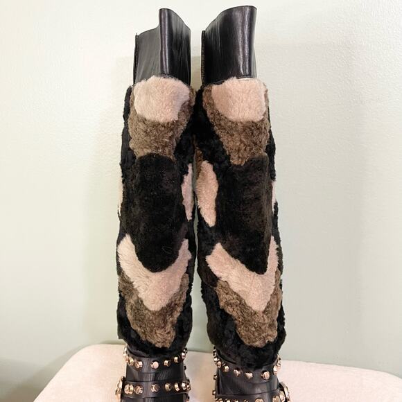 Ivy Kirzhner New York Black Leather Sheep Fur Buckle Studded Booties Size 6B - Picture 7 of 12